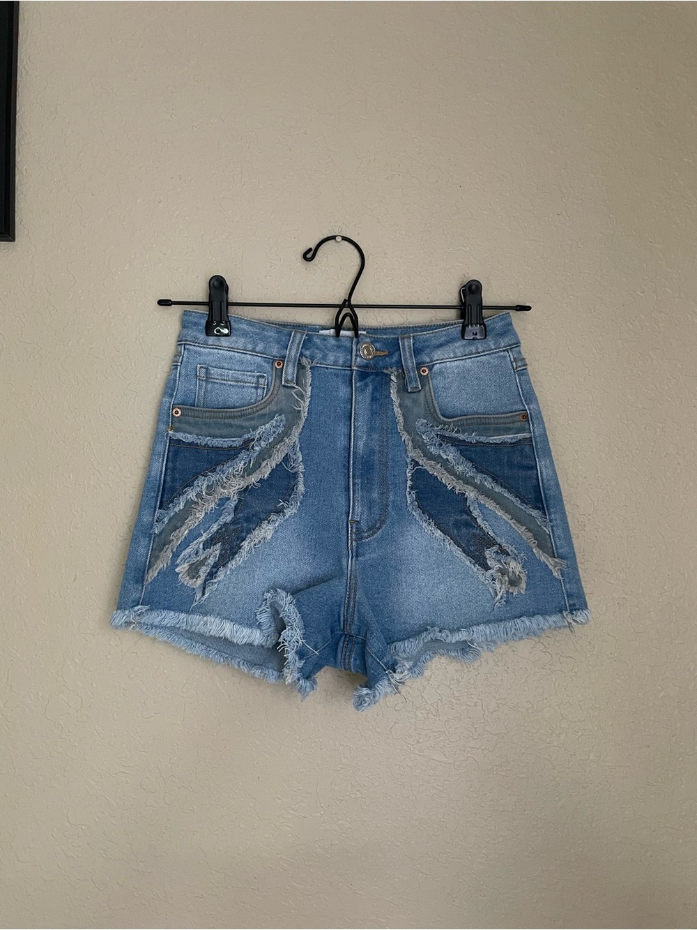 Forever 21 High Rise Patchwork Overlay Fringe Frayed Denim Shorts Size 24